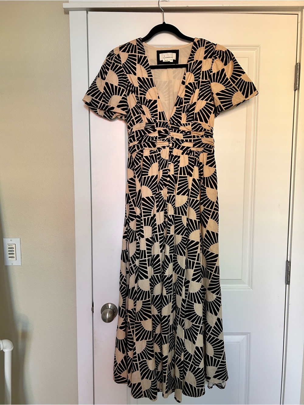 Anthropologie Black & Cream Geometric V-Neck Midi Dress - Picture 5 of 6